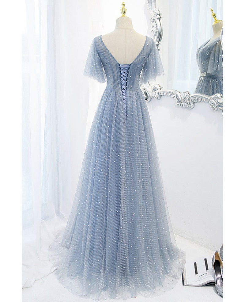 Sky Blue Short Sleeve Backless Beaded Mini Prom Dress - Chloe Dress
