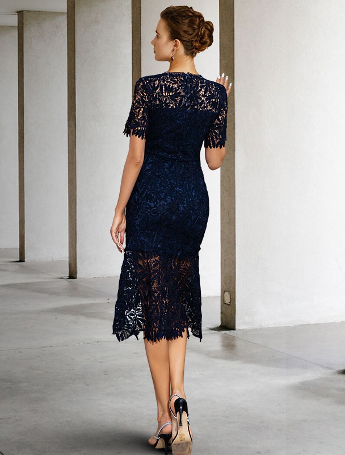 Sheath High Neck Lace Short Sleeve Applique Mini Dress - Chloe Dress