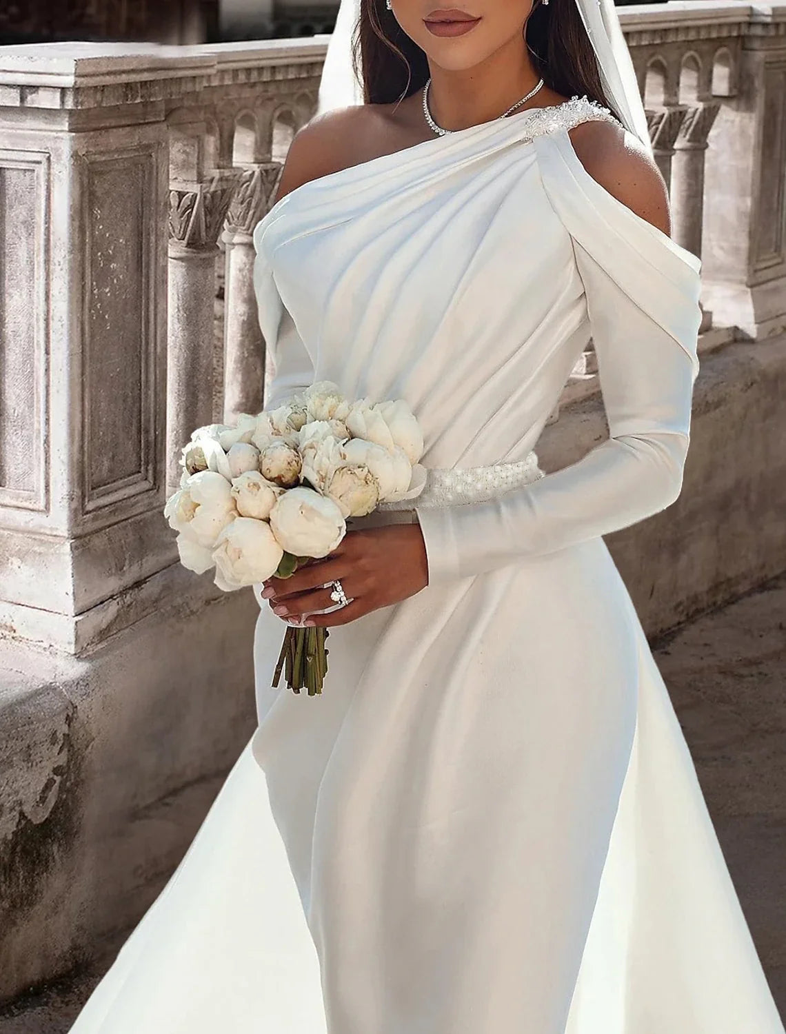 One-Shoulder Satin Long Sleeve Floor-Length Wedding Gown - Chloe Dress
