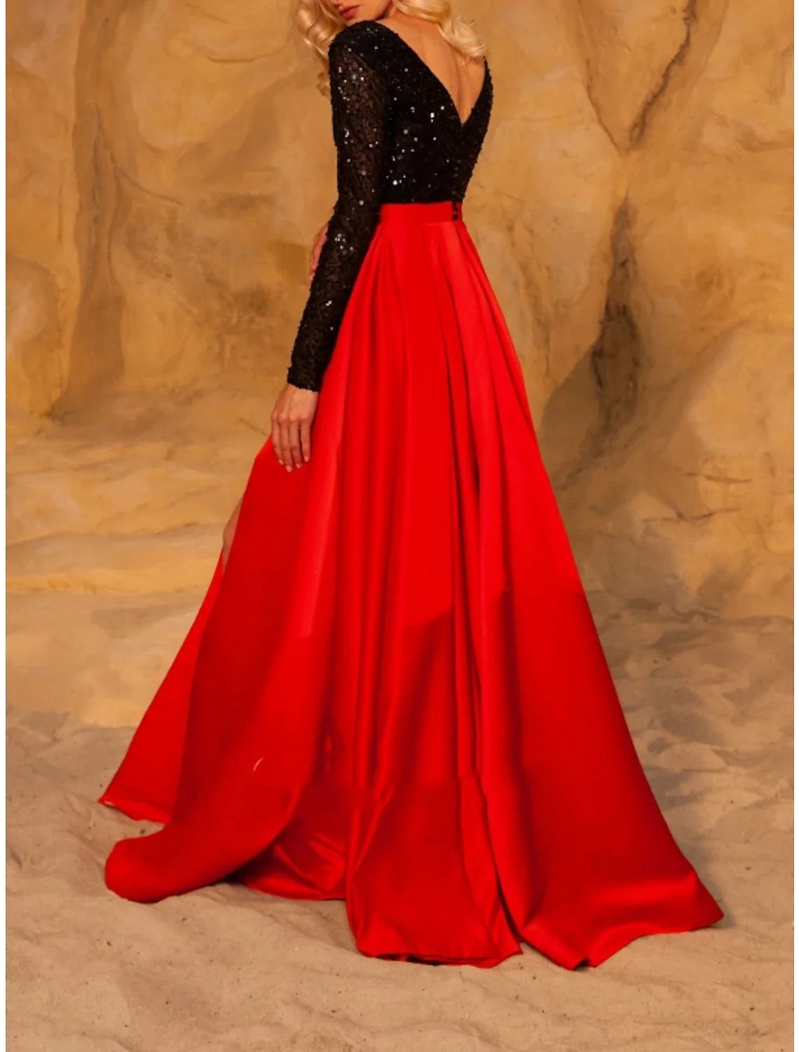 A-Line V-Neck Satin Long Sleeve High Slit Evening Gown - Chloe Dress