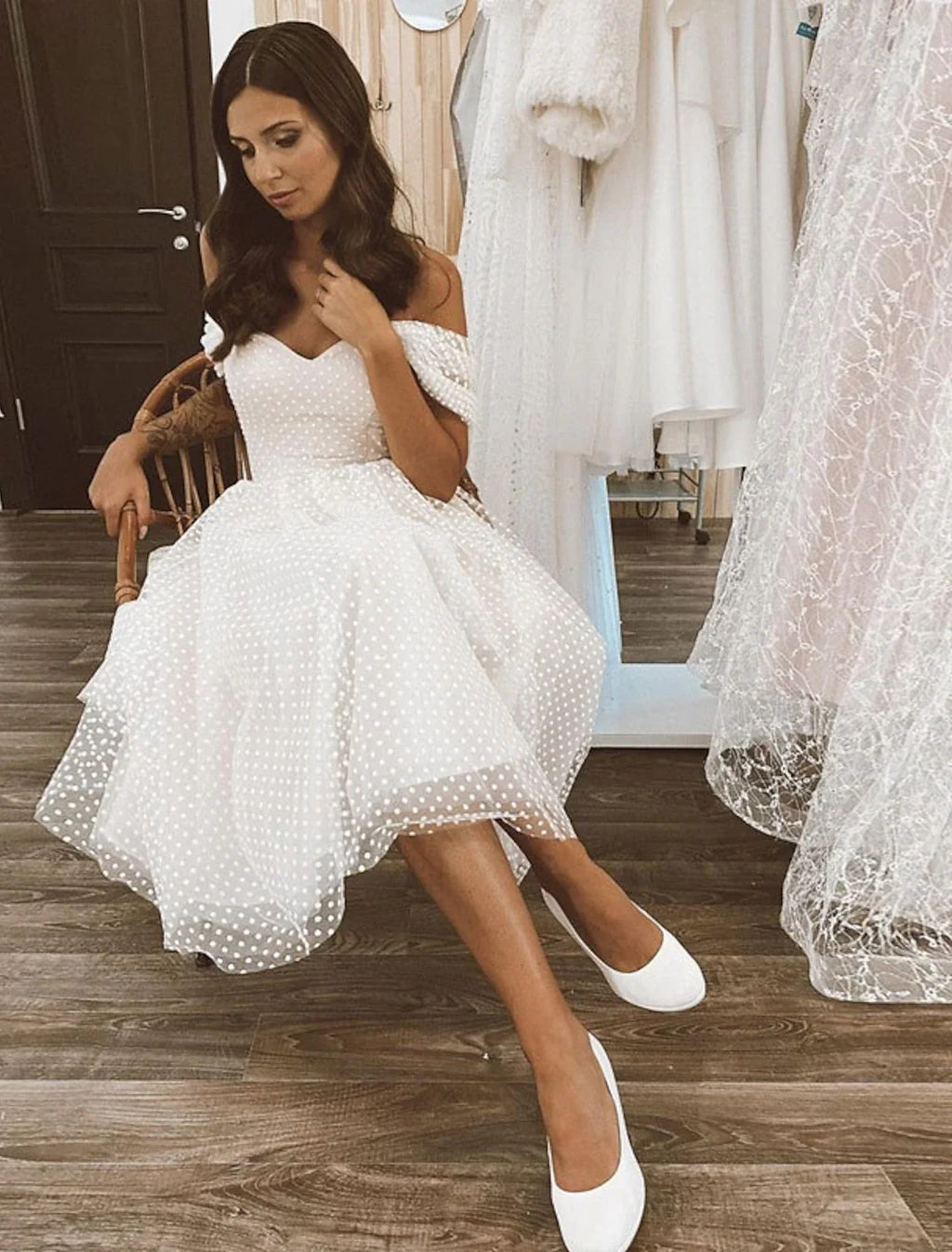 White A-Line Off-Shoulder Tulle Cap Sleeve Knee-Length Wedding Gown - Chloe Dress