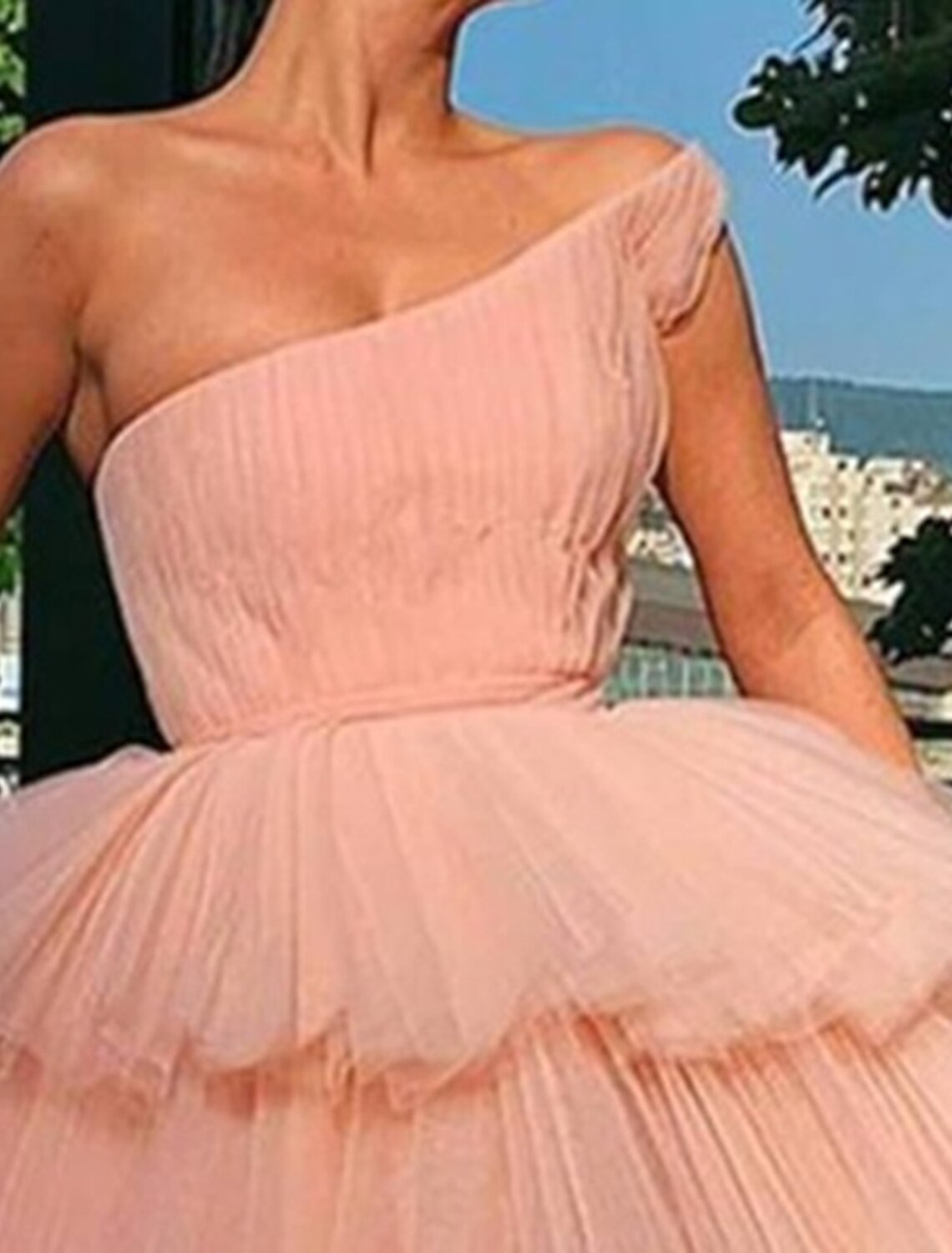 Pink A-Line One-Shoulder Tulle Sleeveless Ruffled Mini Cocktail Dress - Chloe Dress