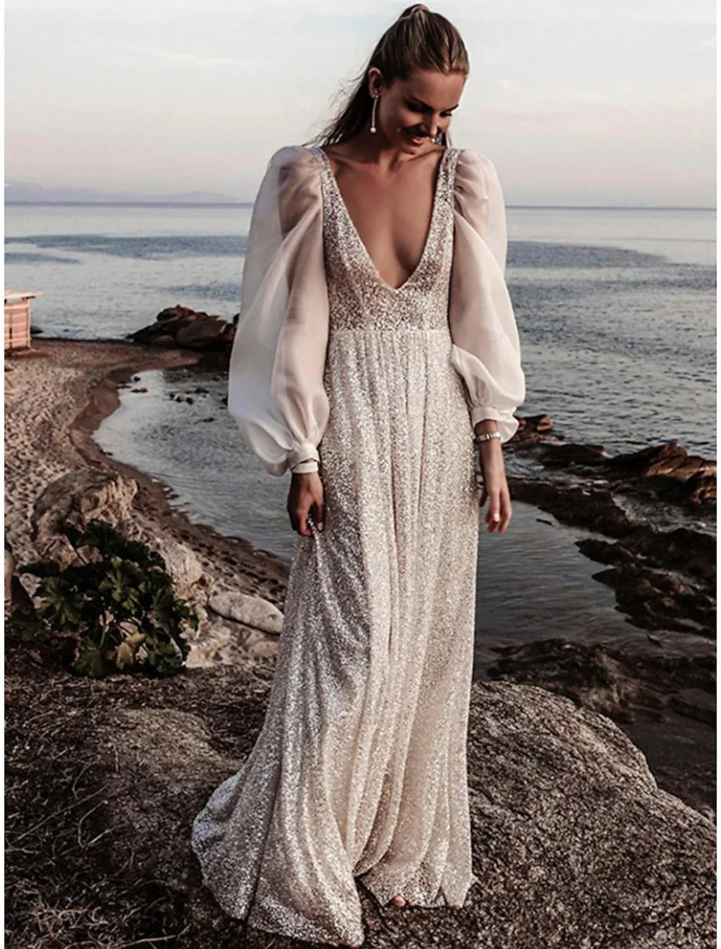 A-Line V-Neck Sequin Long Sleeve Open Back Pleated Wedding Gown - Chloe Dress
