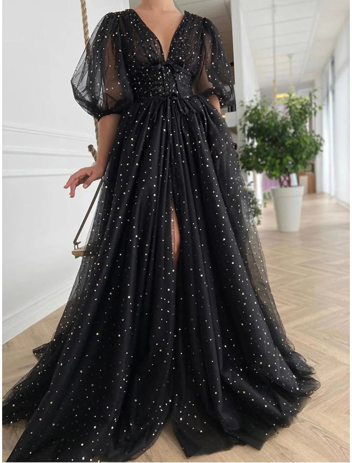 A-Line V-Neck Tulle High Slit Prom Dress - Chloe Dress