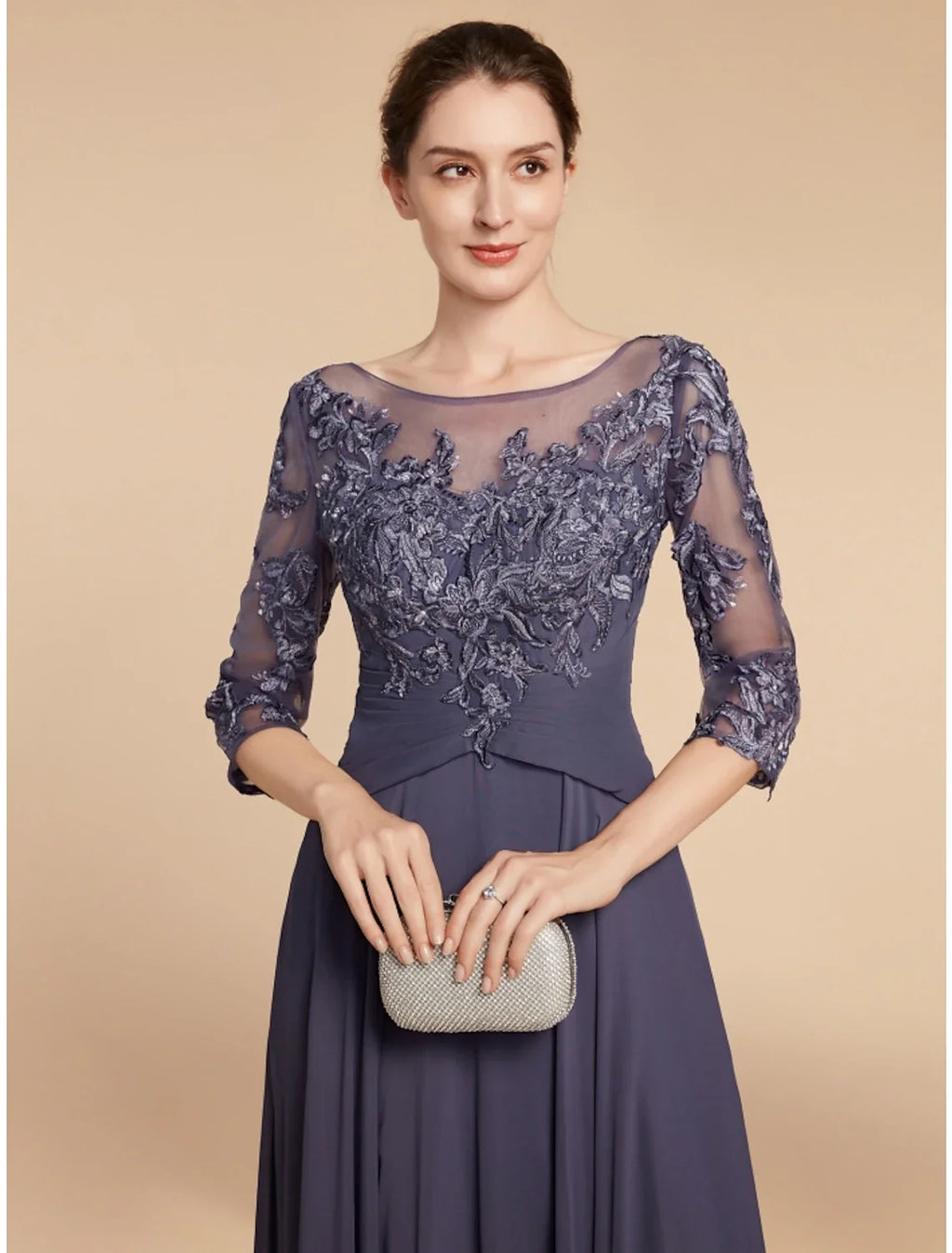 A-Line Chiffon Three-Quarter Sleeve Floor-Length Wedding Dress - Chloe Dress