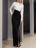 Black Sheath V-Neck Long Sleeve High Slit Floor-Length Evening Gown - Chloe Dress