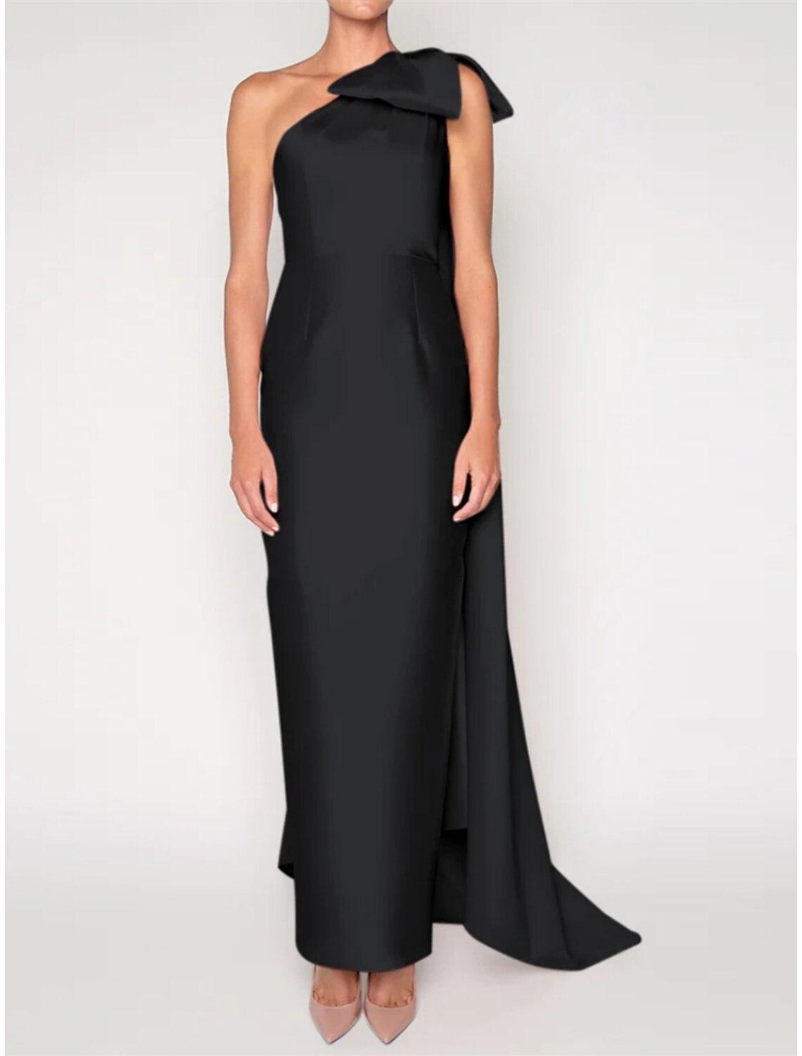Green Sheath One-Shoulder Satin Sleeveless Train Evening Gown - Chloe Dress