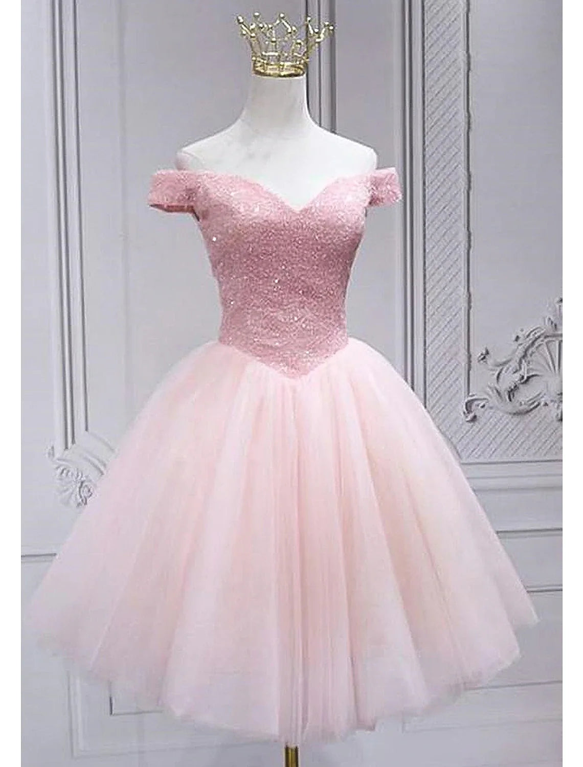 Pink A-Line Off-Shoulder Tulle Sleeveless Knee-Length Cocktail Dress - Chloe Dress