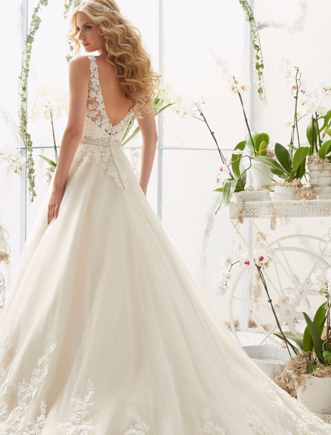 A-Line V-Neck Lace Sleeveless Open Back Train Wedding Gown - Chloe Dress