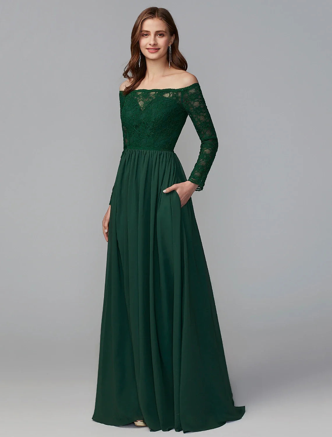 A-Line Off-Shoulder Chiffon Long Sleeve Floor-Length Wedding Dress - Chloe Dress