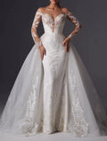 Mermaid Off-Shoulder Satin Long Sleeve Train Wedding Gown - Chloe Dress