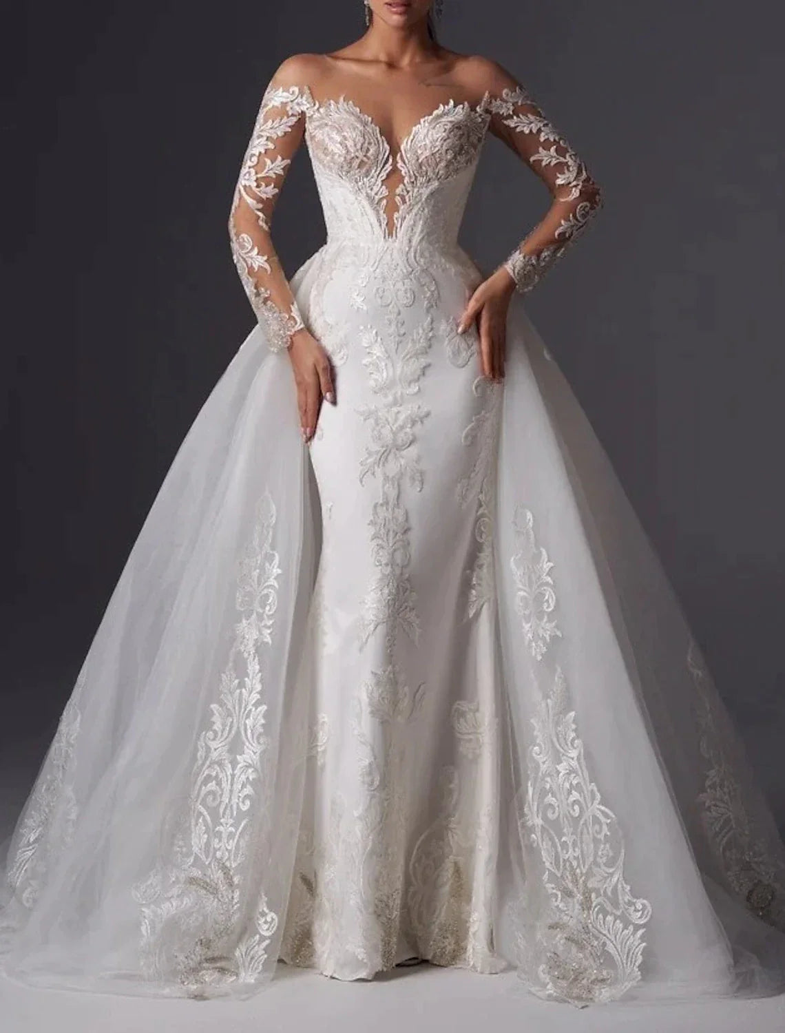 Mermaid Off-Shoulder Satin Long Sleeve Train Wedding Gown - Chloe Dress