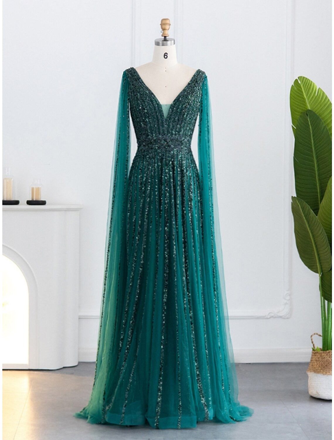 A-Line V-Neck Sequin Long Sleeve Pleated Evening Gown - Chloe Dress
