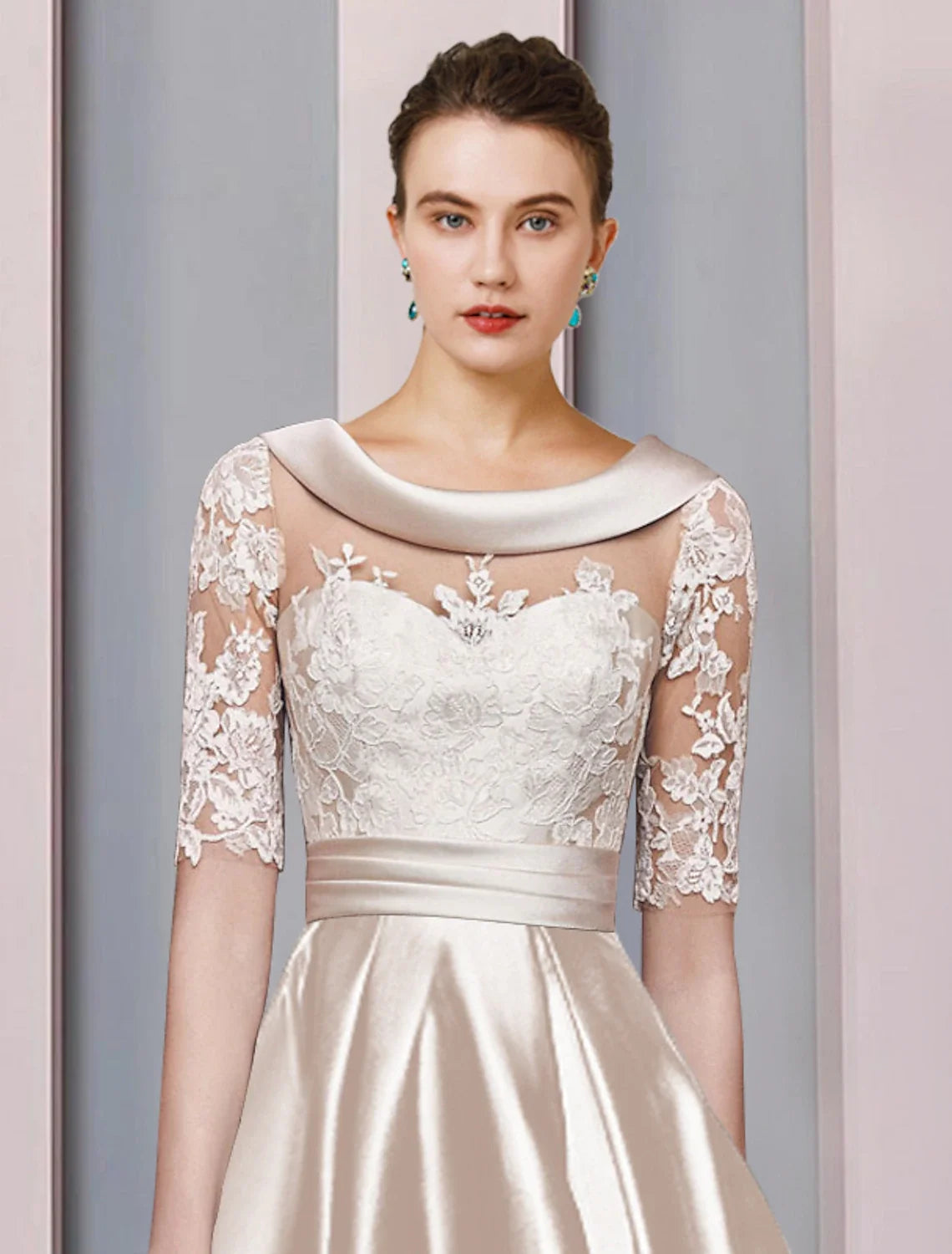A-Line High Neck Satin Asymmetric Tea-Length Wedding Dress - Chloe Dress