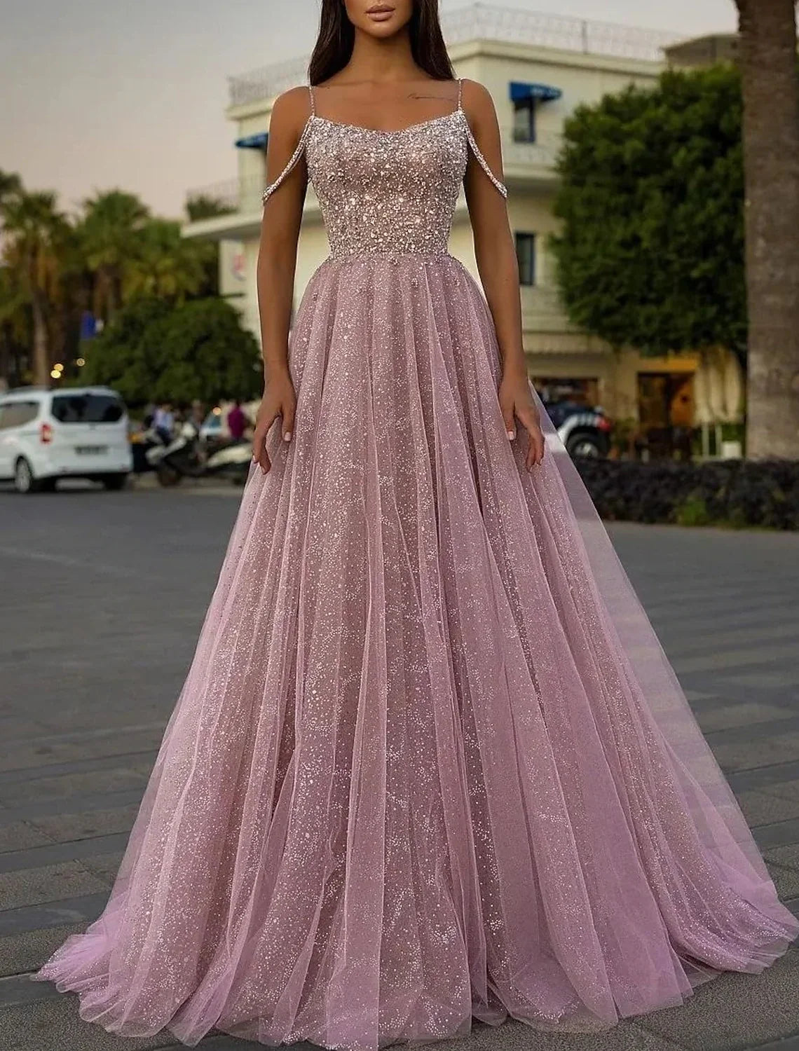 A-Line Spaghetti Strap Sequin Sleeveless Train Prom Dress - Chloe Dress