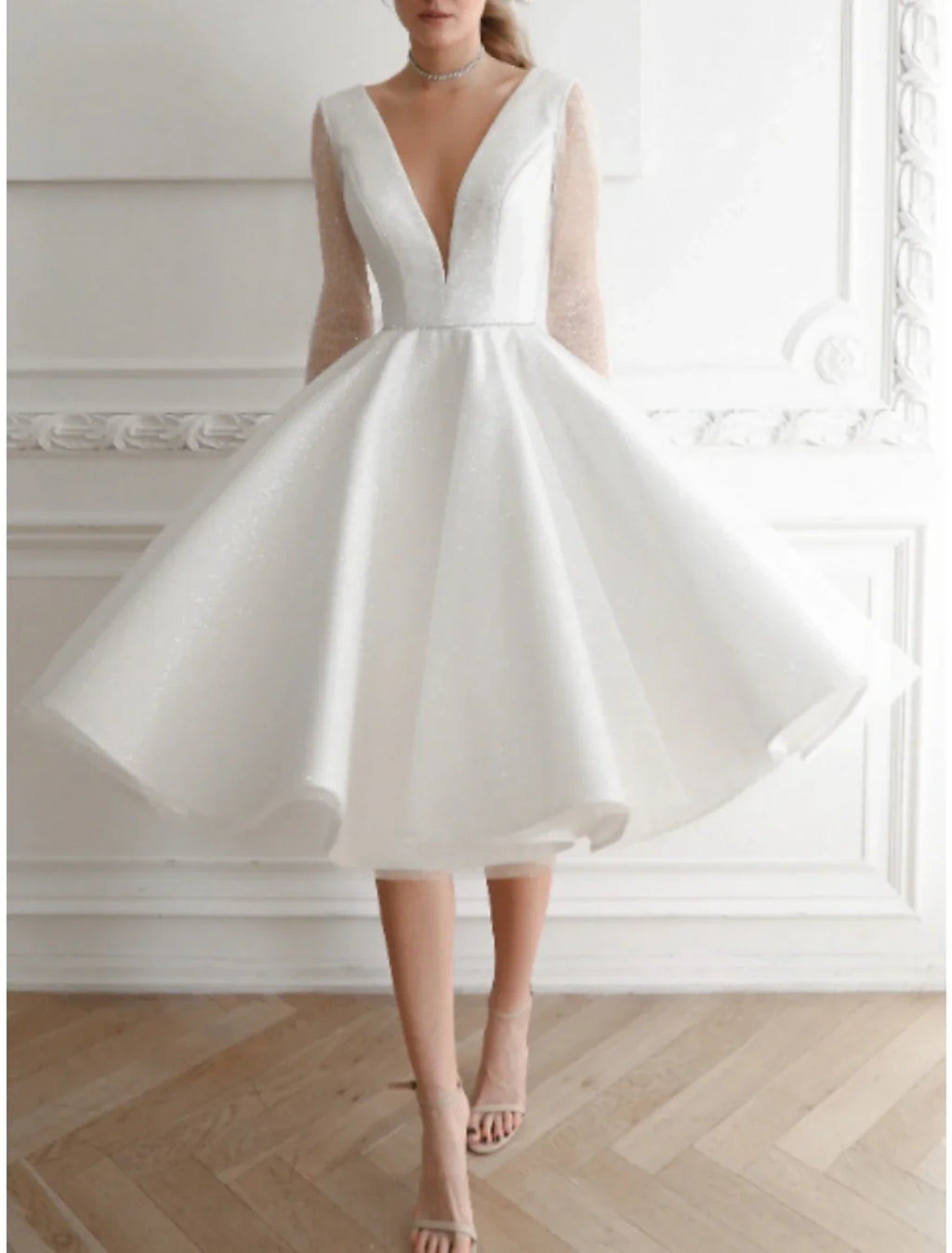 White A-Line V-Neck Sequin Long Sleeve Pleated Knee-Length Wedding Gown - Chloe Dress