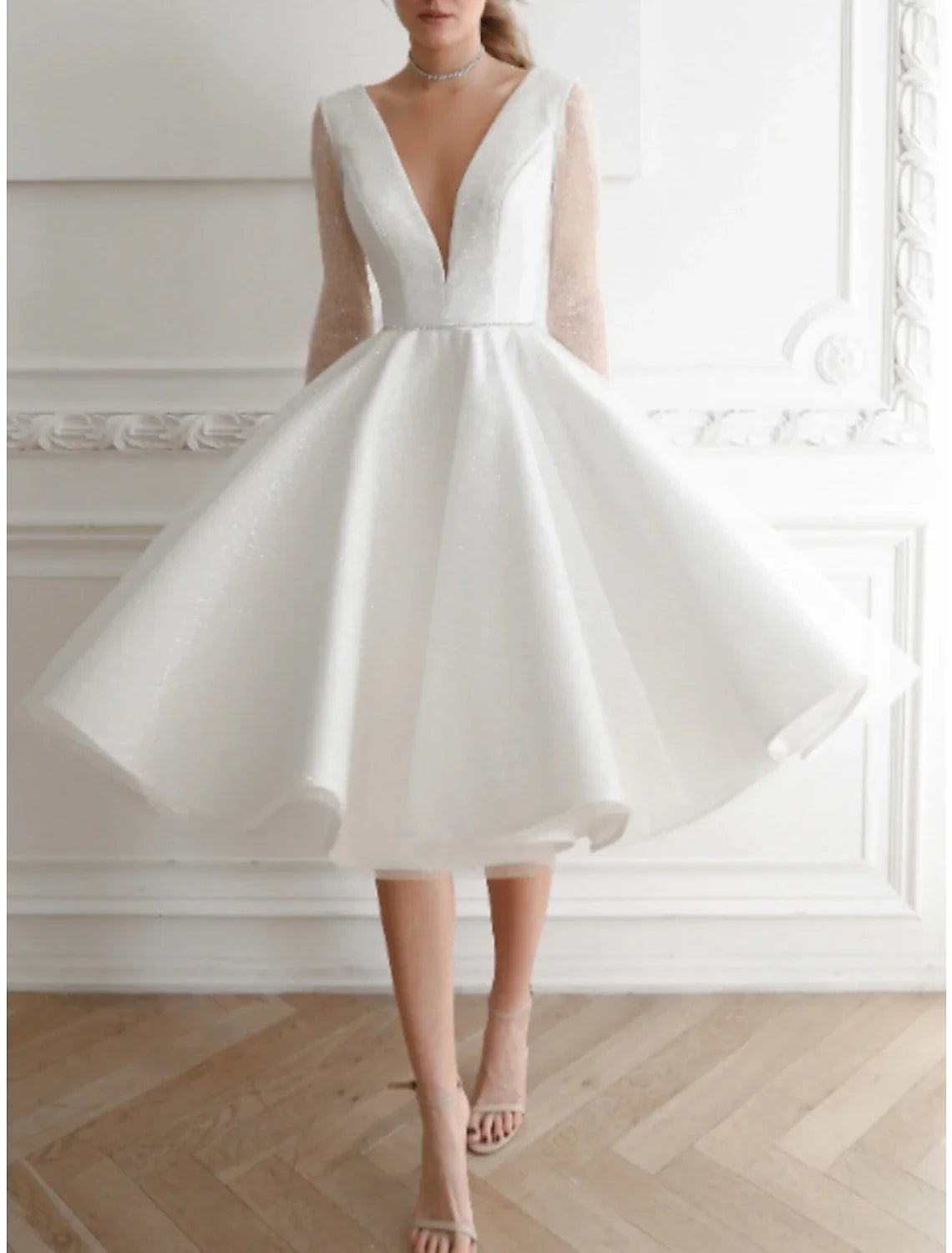White A-Line V-Neck Sequin Long Sleeve Pleated Knee-Length Wedding Gown - Chloe Dress
