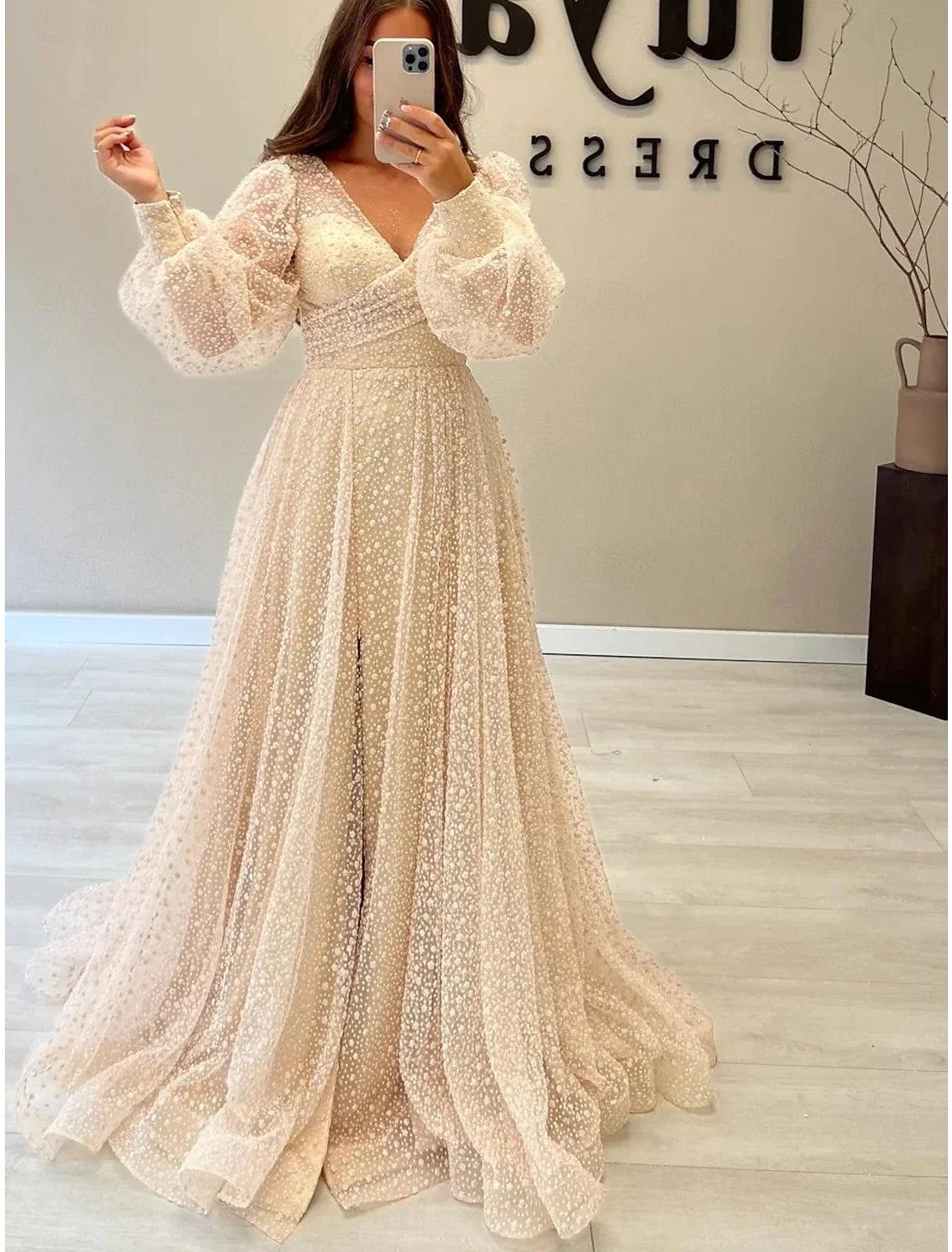 A-Line V-Neck Sequin Long Sleeve Floor-Length Prom Dress - Chloe Dress