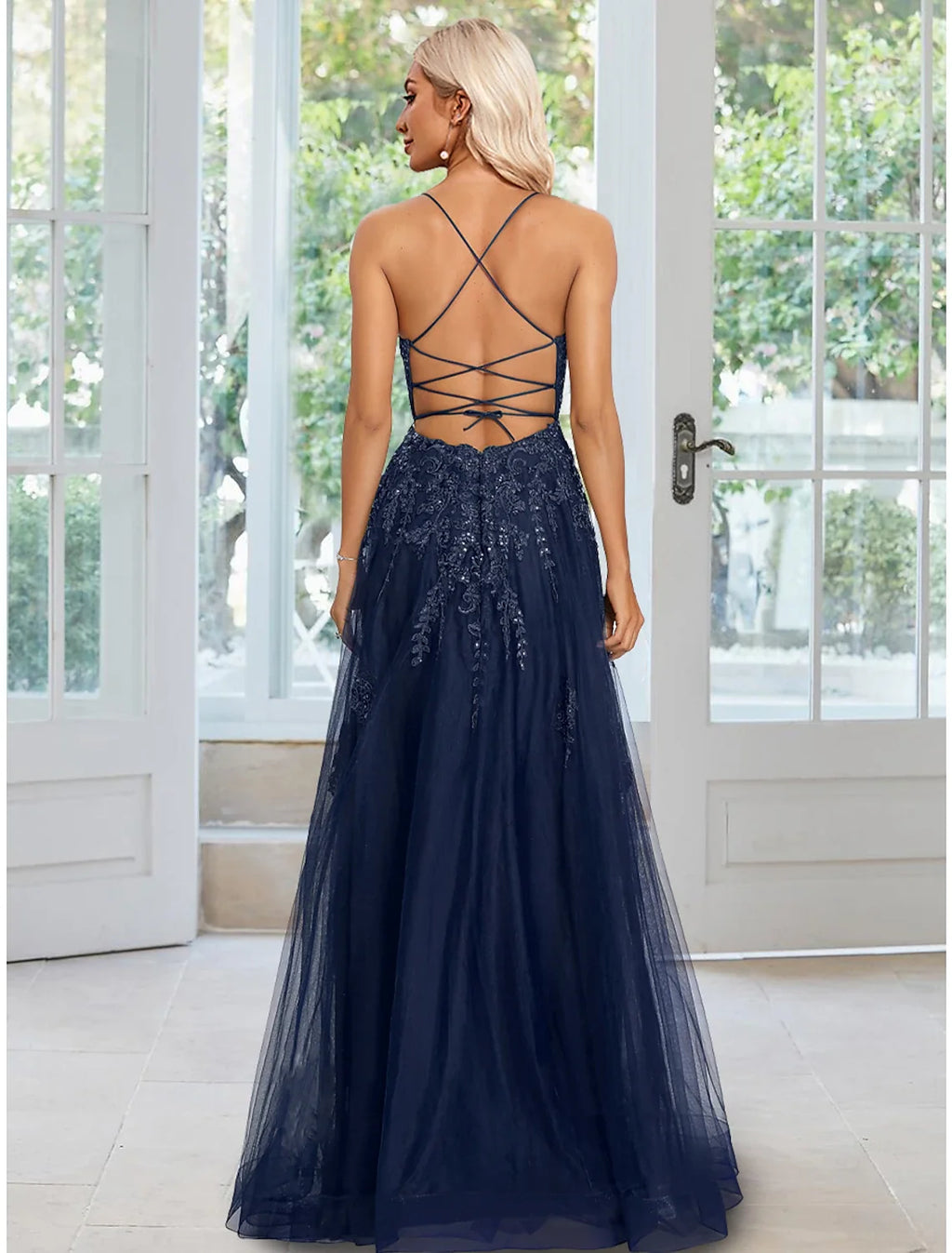 A-Line Spaghetti Strap Tulle Sleeveless Applique Floor-Length Evening Gown - Chloe Dress