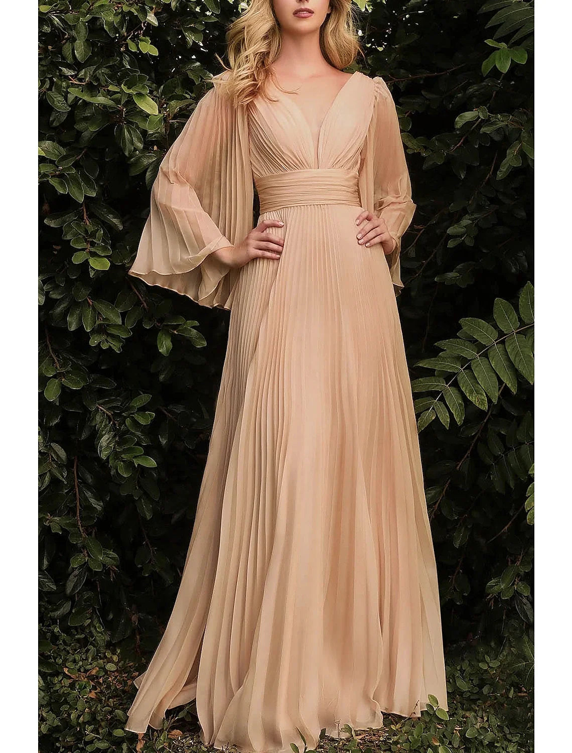 Sheath V-Neck Chiffon Long Sleeve Pleated Floor-Length Wedding Dress - Chloe Dress