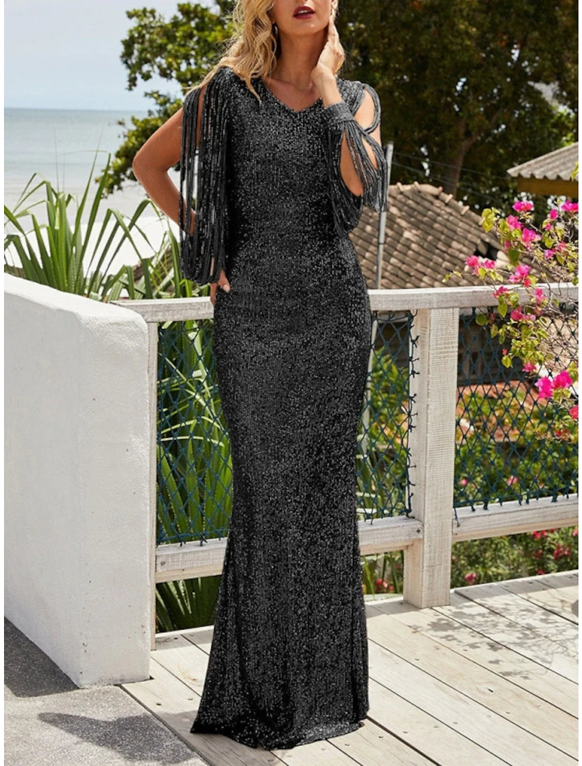 Sheath V-Neck Sequin Long Sleeve Pleated Evening Gown - Chloe Dress