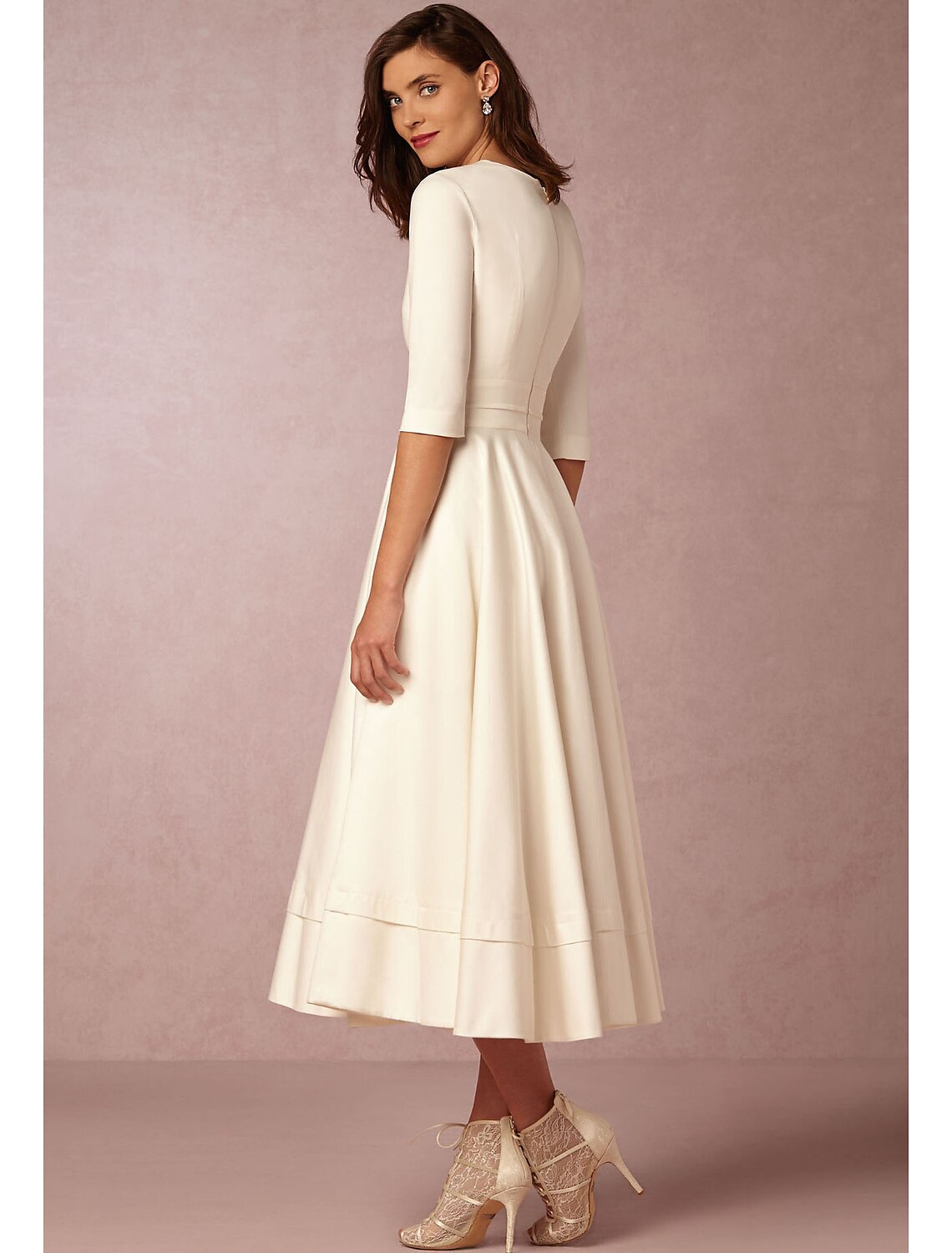 White A-Line V-Neck Jersey Pleated Tea-Length Wedding Dress - Chloe Dress