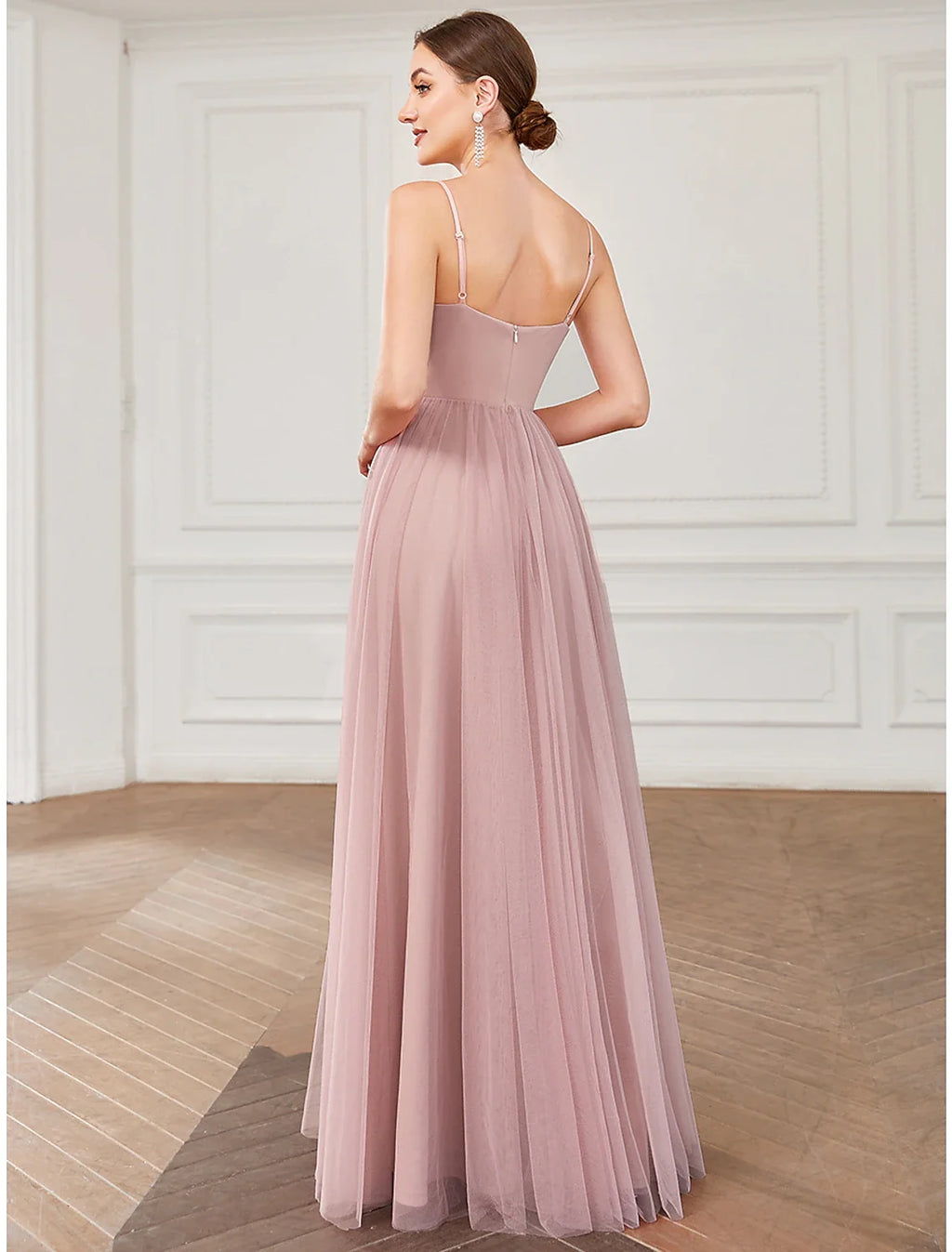 A-Line V-Neck Tulle Sleeveless Pleated Floor-Length Prom Dress - Chloe Dress