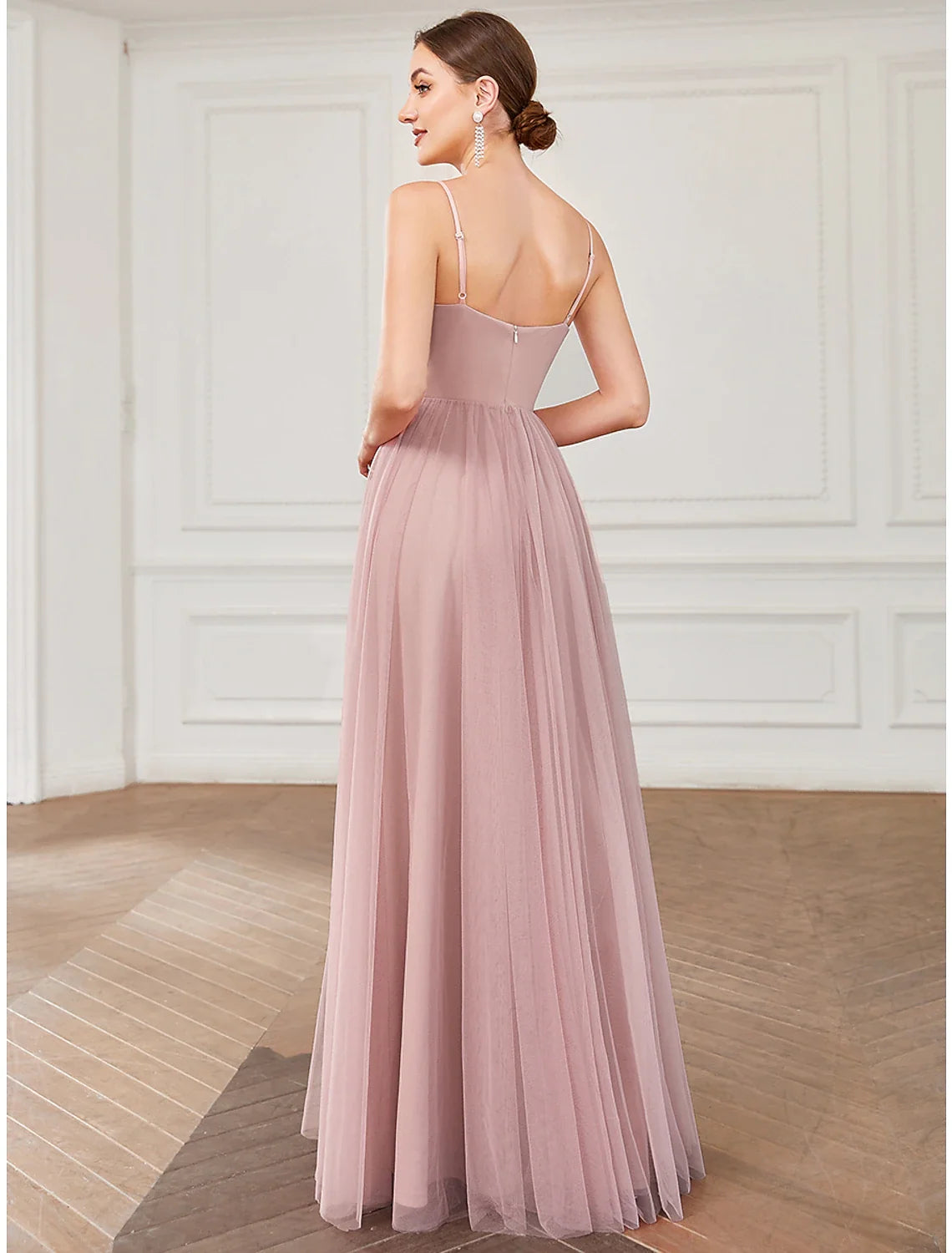 A-Line V-Neck Tulle Sleeveless Pleated Floor-Length Prom Dress - Chloe Dress