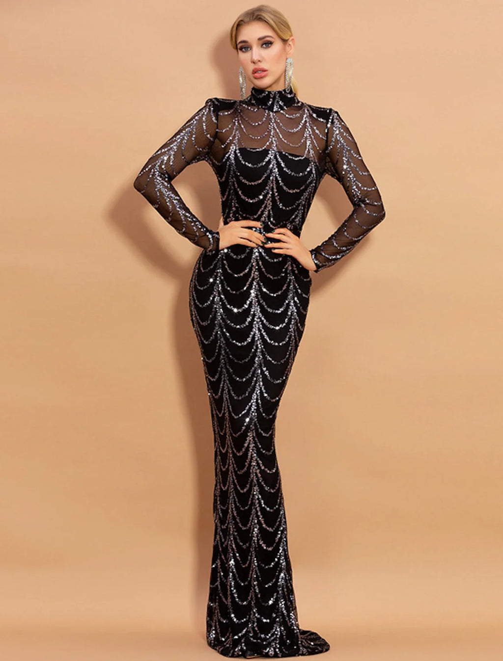 Mermaid High Neck Tulle Long Sleeve Train Evening Gown - Chloe Dress