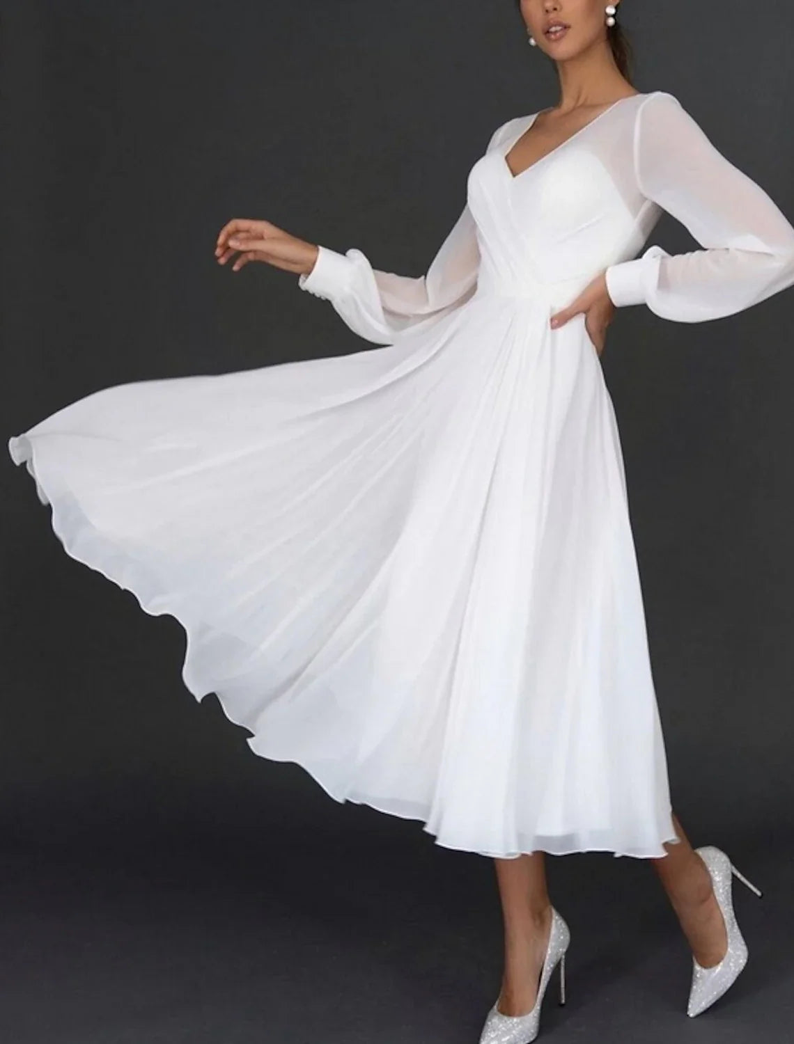 White A-Line V-Neck Chiffon Long Sleeve Pleated Tea-Length Wedding Gown - Chloe Dress