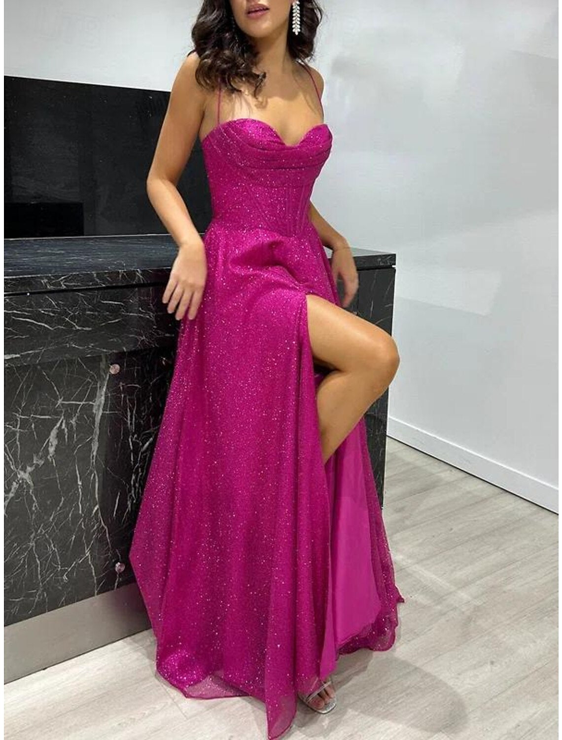 A-Line Spaghetti Strap Tulle Sleeveless Lace-Up Back Pleated Prom Dress - Chloe Dress