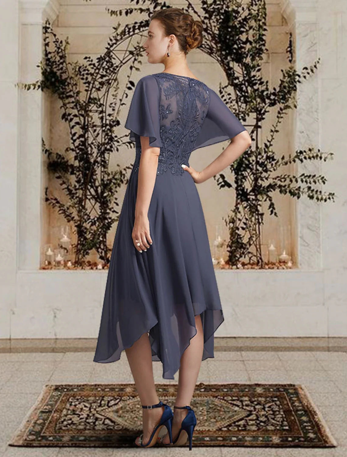 A-Line High Neck Chiffon Short Sleeve Asymmetric Mini Dress - Chloe Dress