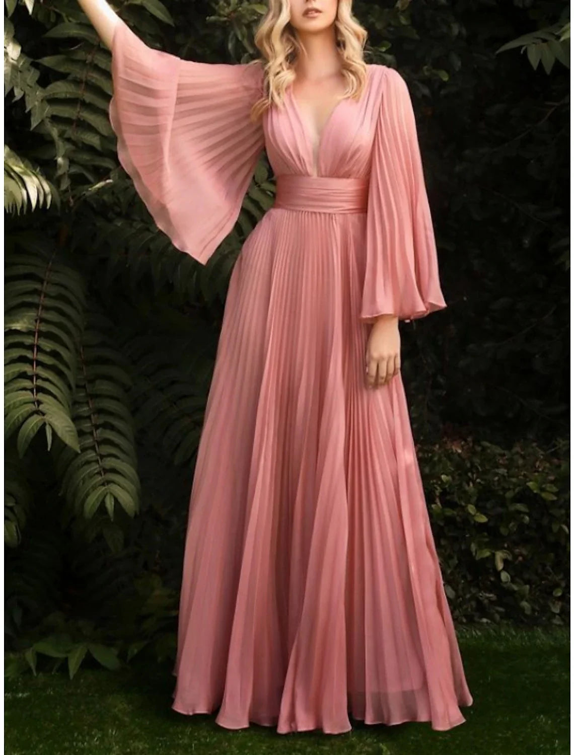 Sheath V-Neck Chiffon Long Sleeve Pleated Floor-Length Wedding Dress - Chloe Dress