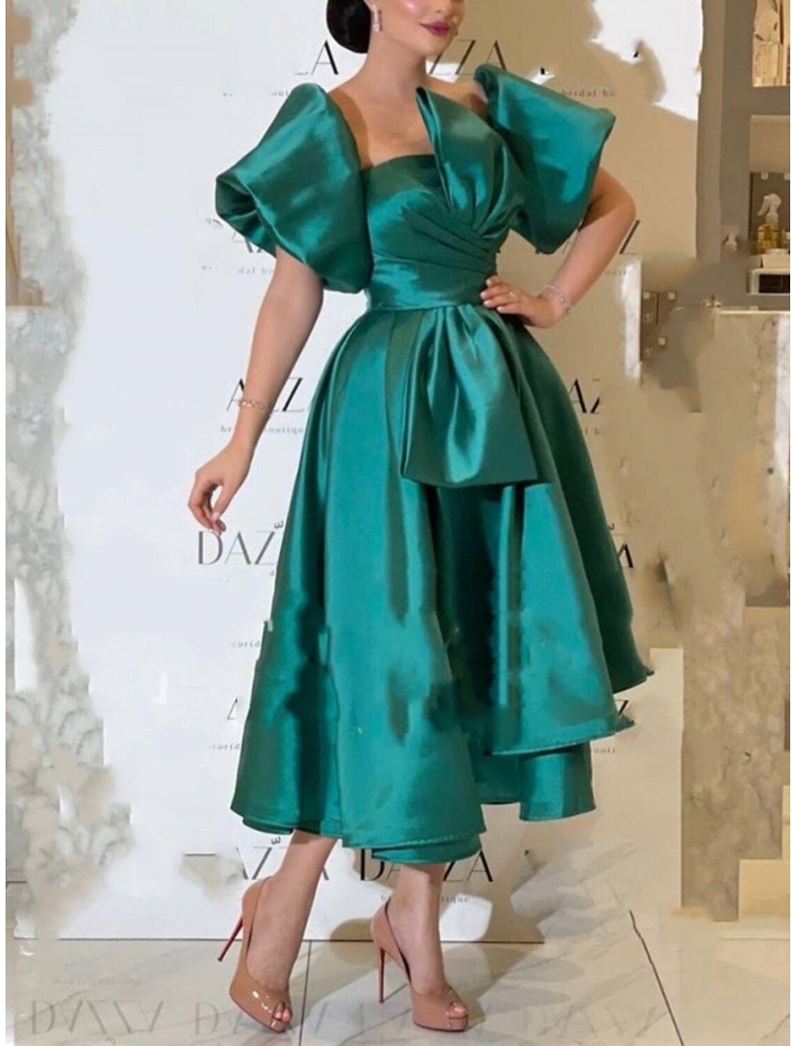 A-Line Square Neck Satin Short Sleeve Pleated Mini Wedding Dress - Chloe Dress