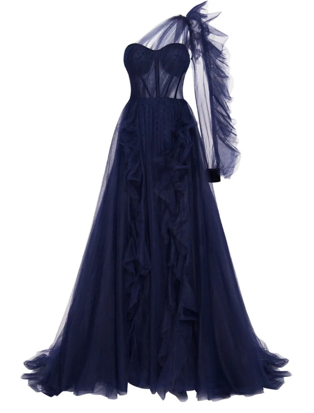 A-Line One-Shoulder Tulle Long Sleeve Lace-Up Back High Slit Evening Gown - Chloe Dress