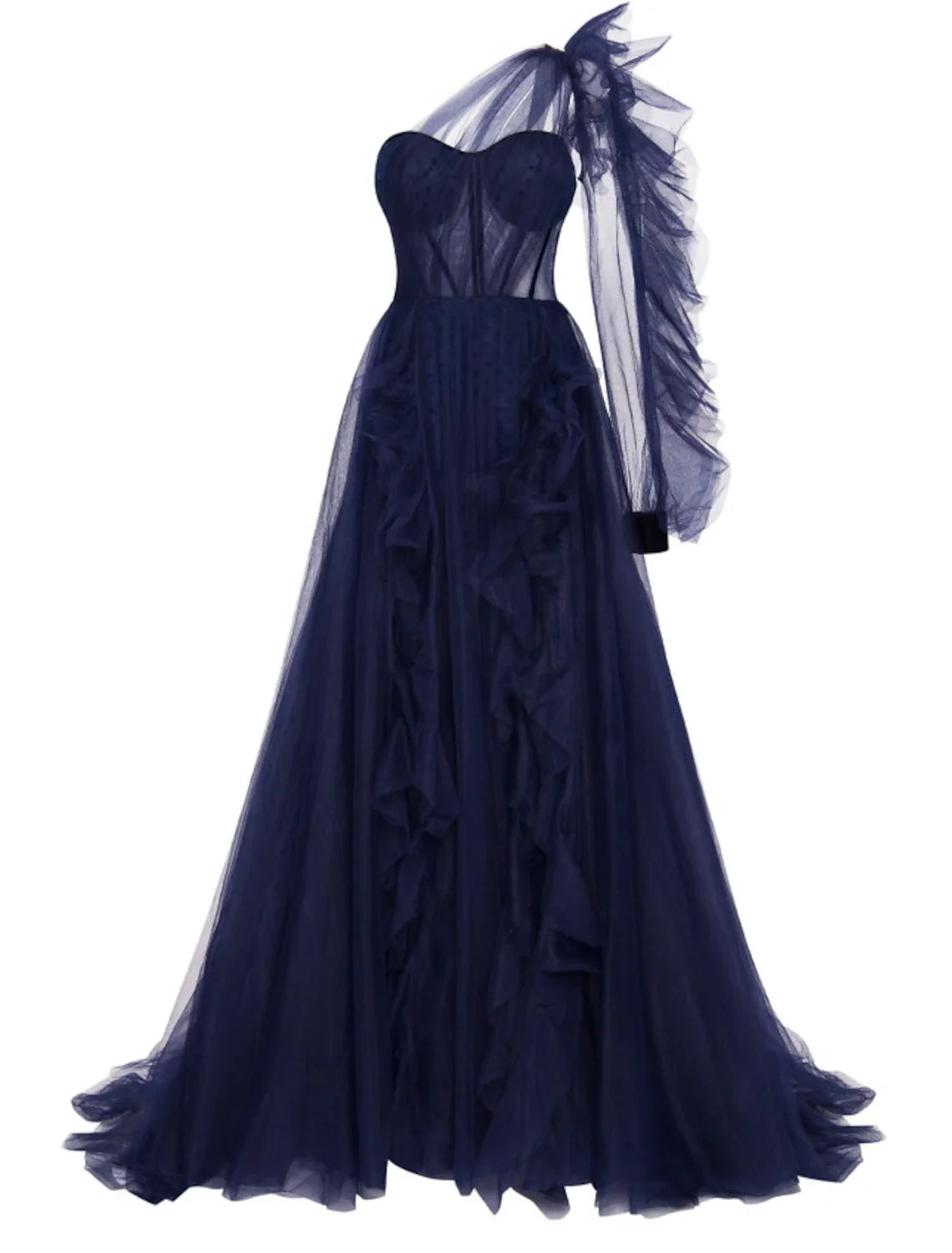 A-Line One-Shoulder Tulle Long Sleeve Lace-Up Back High Slit Evening Gown - Chloe Dress