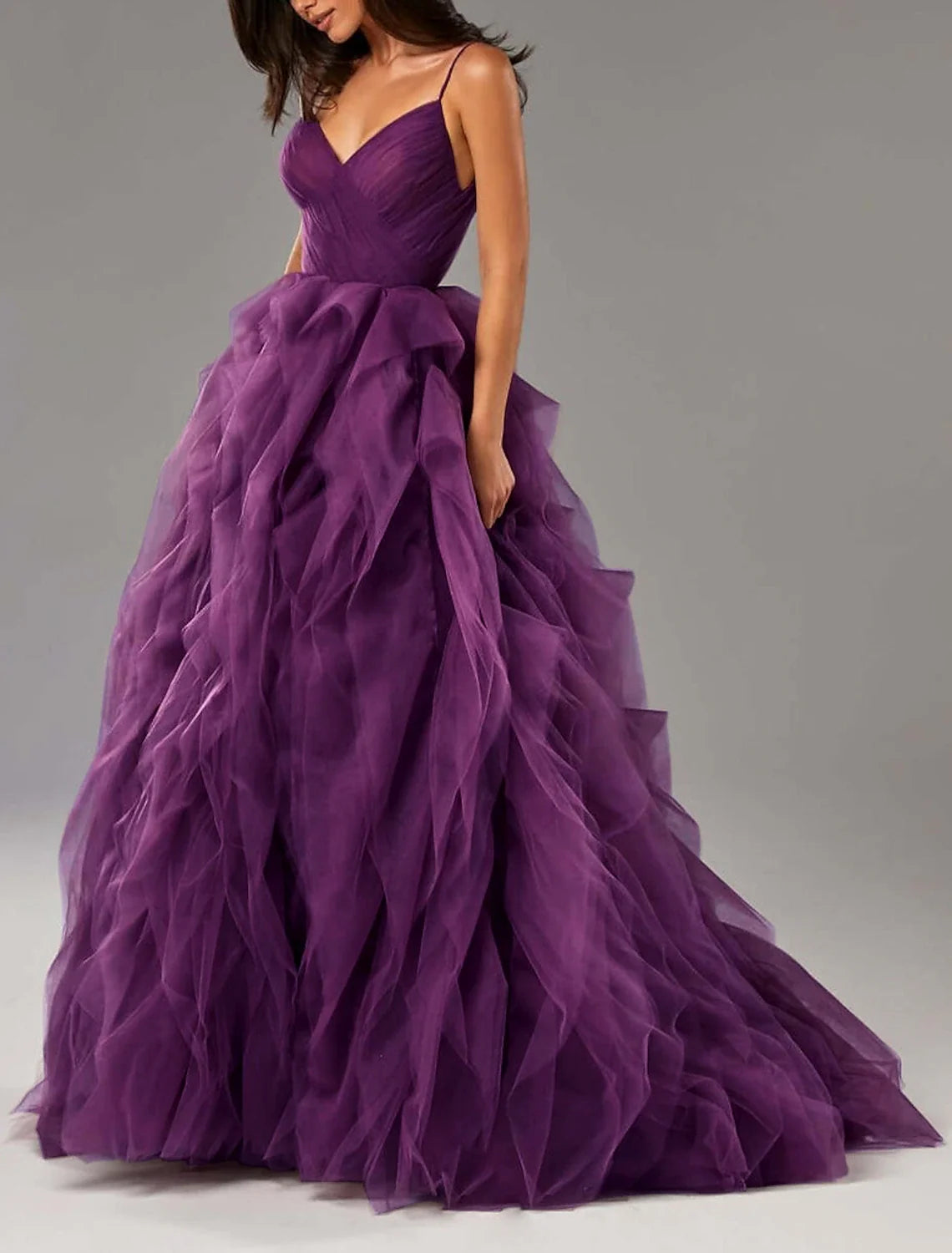 Ball Gown V-Neck Tulle Sleeveless Ruffled Evening Gown - Chloe Dress