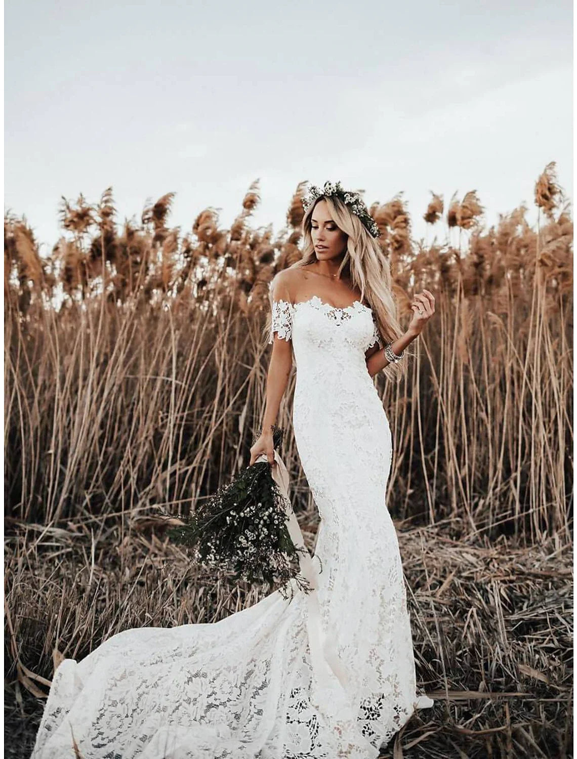 Mermaid Off-Shoulder Lace Cap Sleeve Train Wedding Gown - Chloe Dress