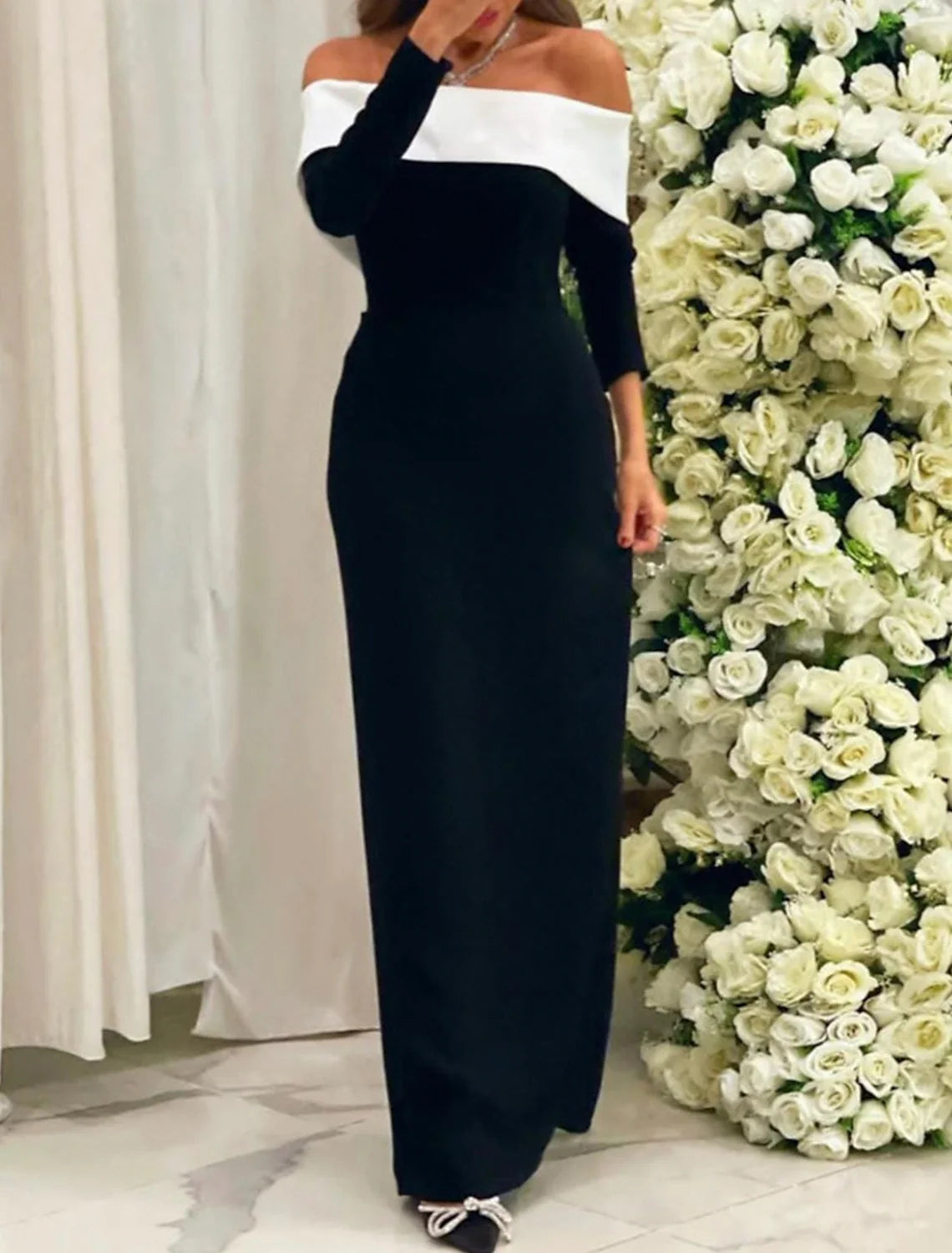 Black Sheath Off-Shoulder Long Sleeve High Slit Floor-Length Evening Gown - Chloe Dress