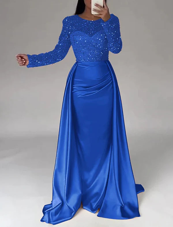 Mermaid Illusion Satin Long Sleeve Floor-Length Evening Gown - Chloe Dress