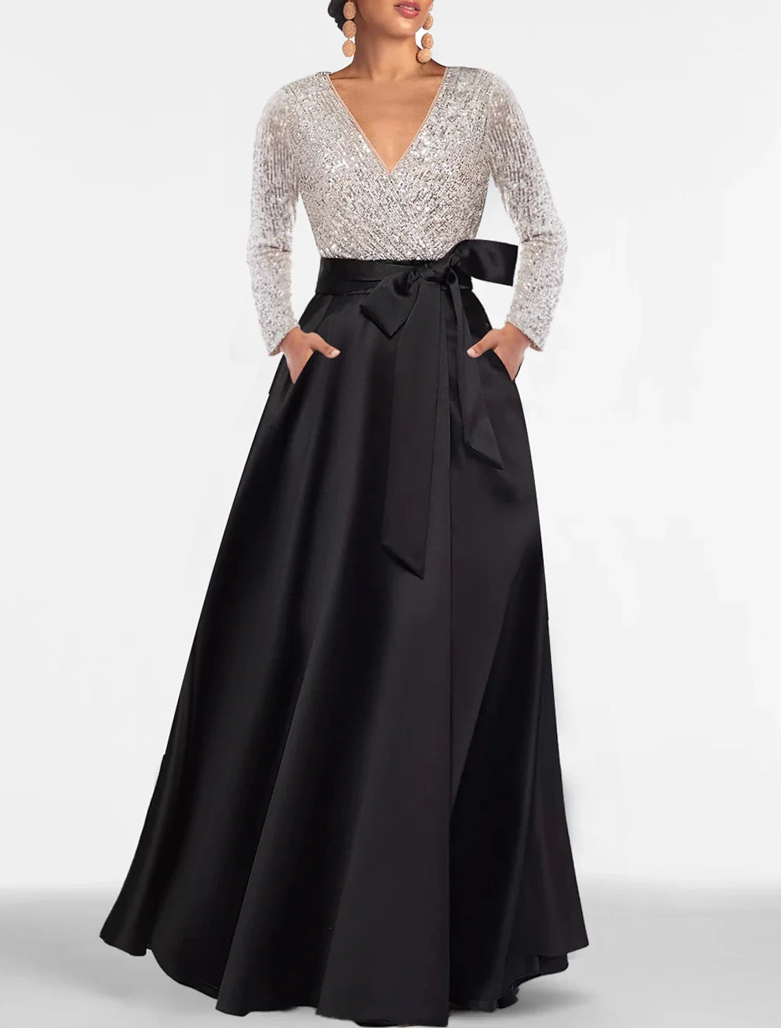 Black A-Line V-Neck Satin Long Sleeve Floor-Length Evening Gown - Chloe Dress