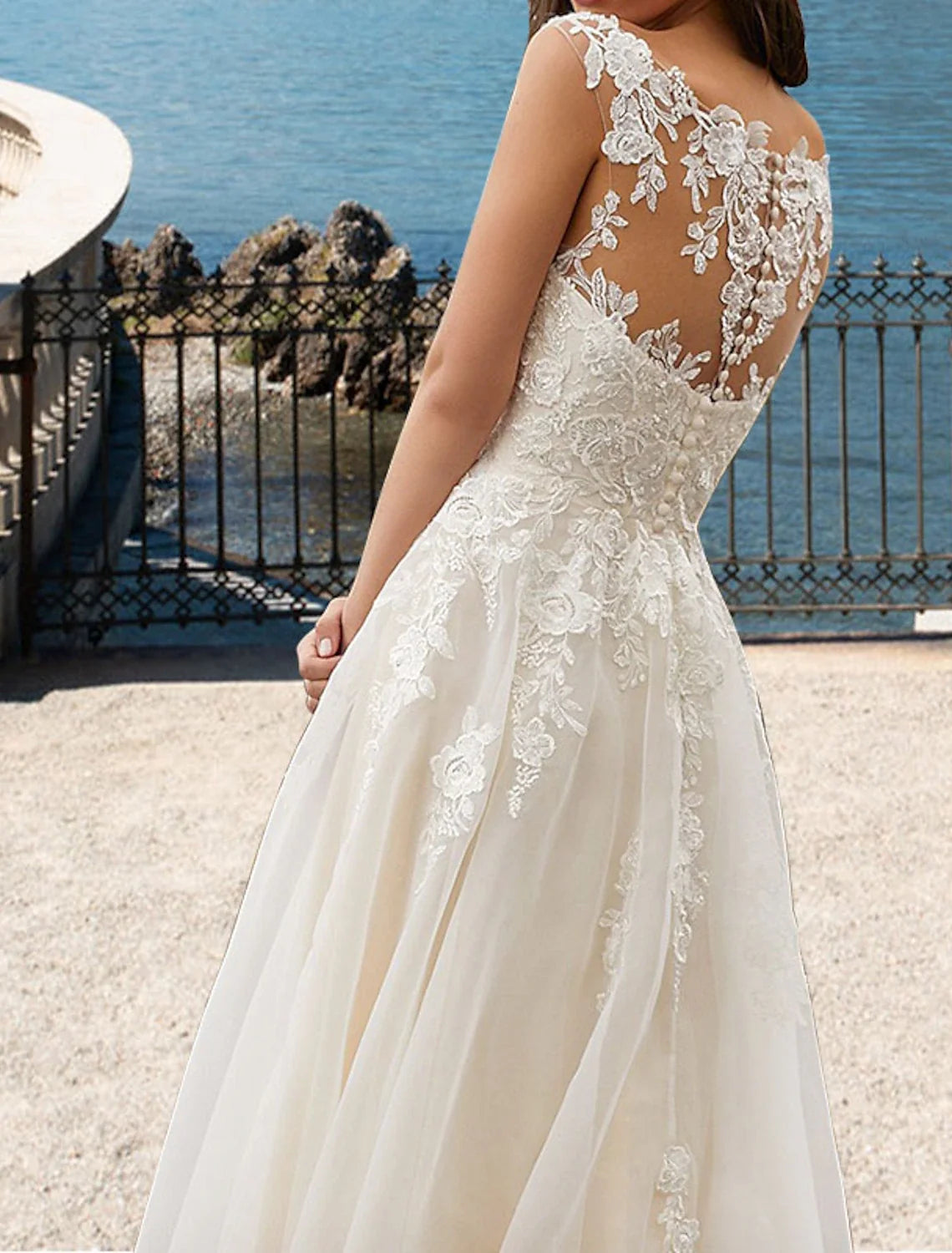 A-Line V-Neck Lace Sleeveless Open Back Train Wedding Gown - Chloe Dress
