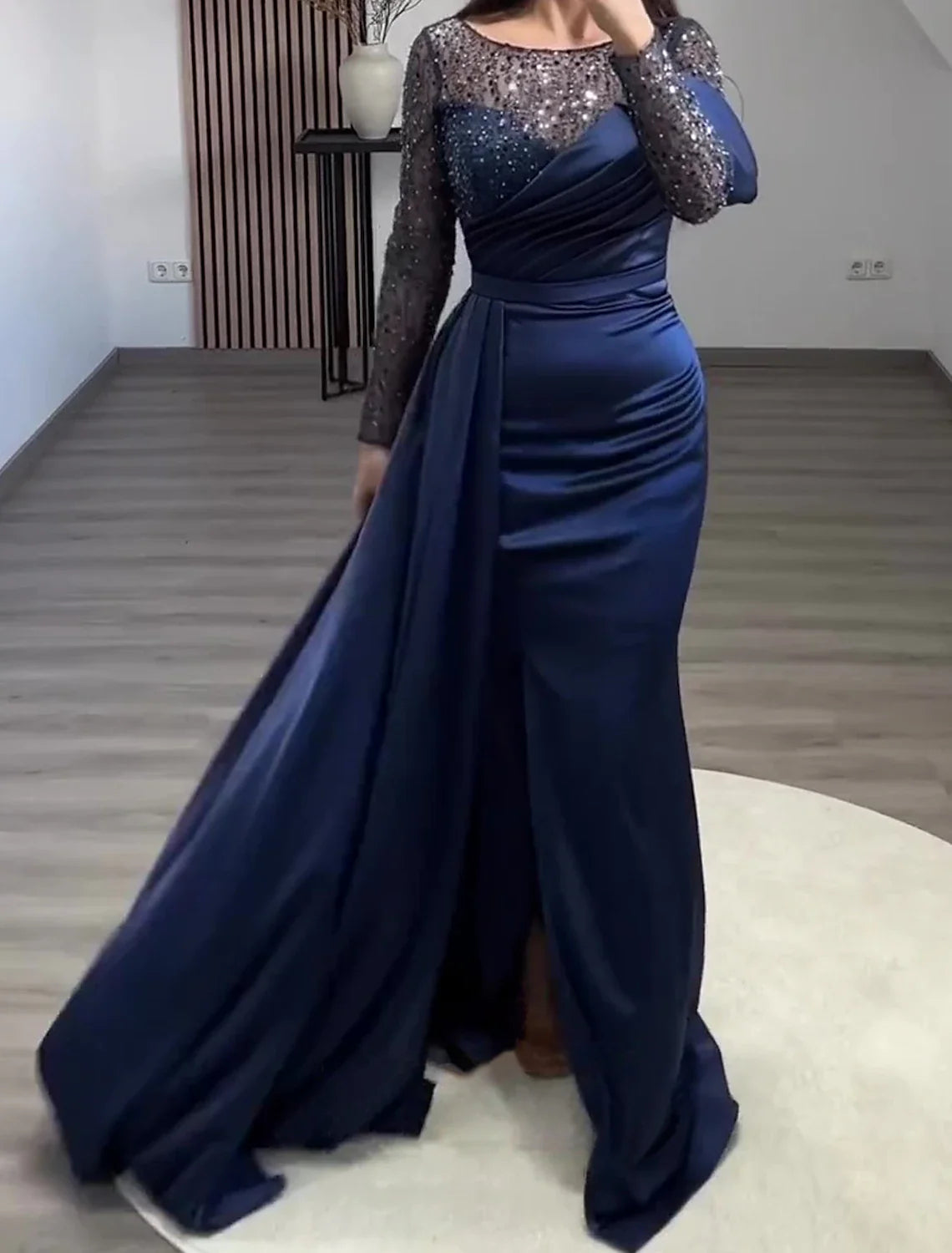 Green Mermaid Sequin Long Sleeve Train Evening Gown - Chloe Dress