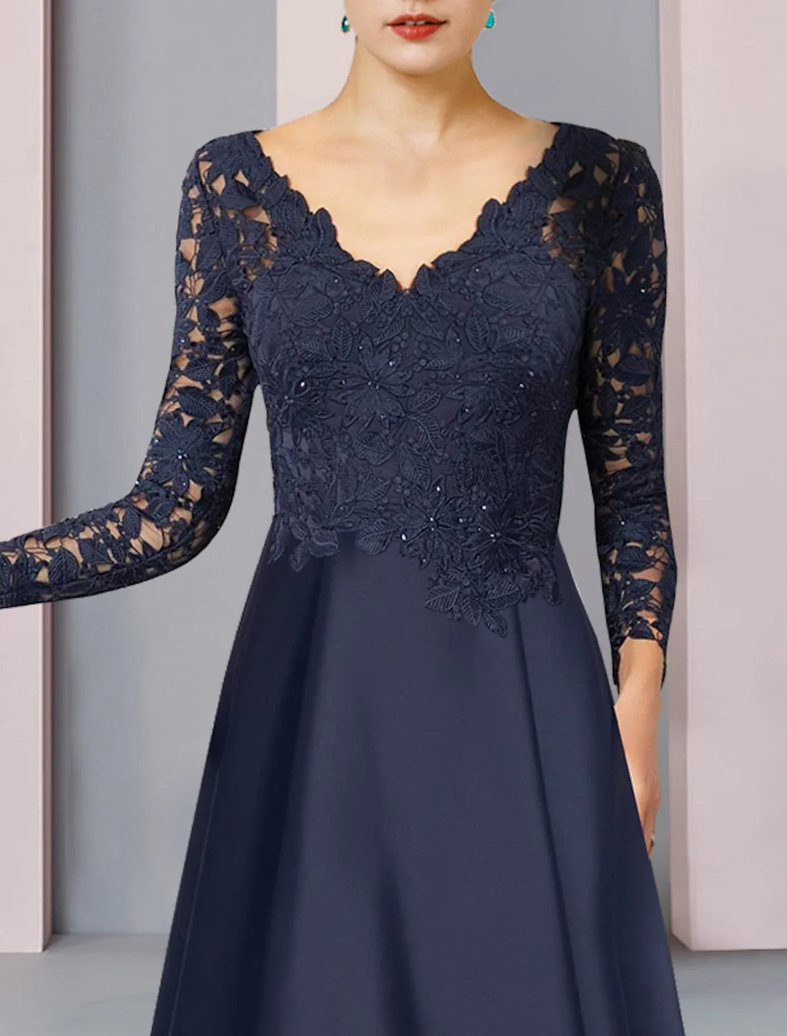 A-Line V-Neck Satin Long Sleeve Pleated Tea-Length Wedding Dress - Chloe Dress