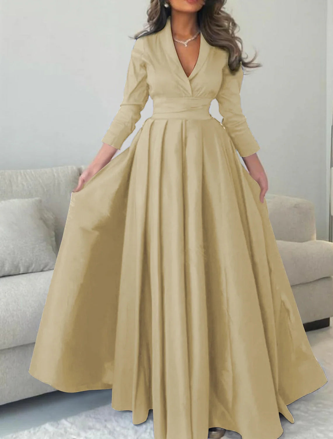 Champagne A-Line V-Neck Satin Three-Quarter Sleeve Pleated Floor-Length Evening Gown - Chloe Dress
