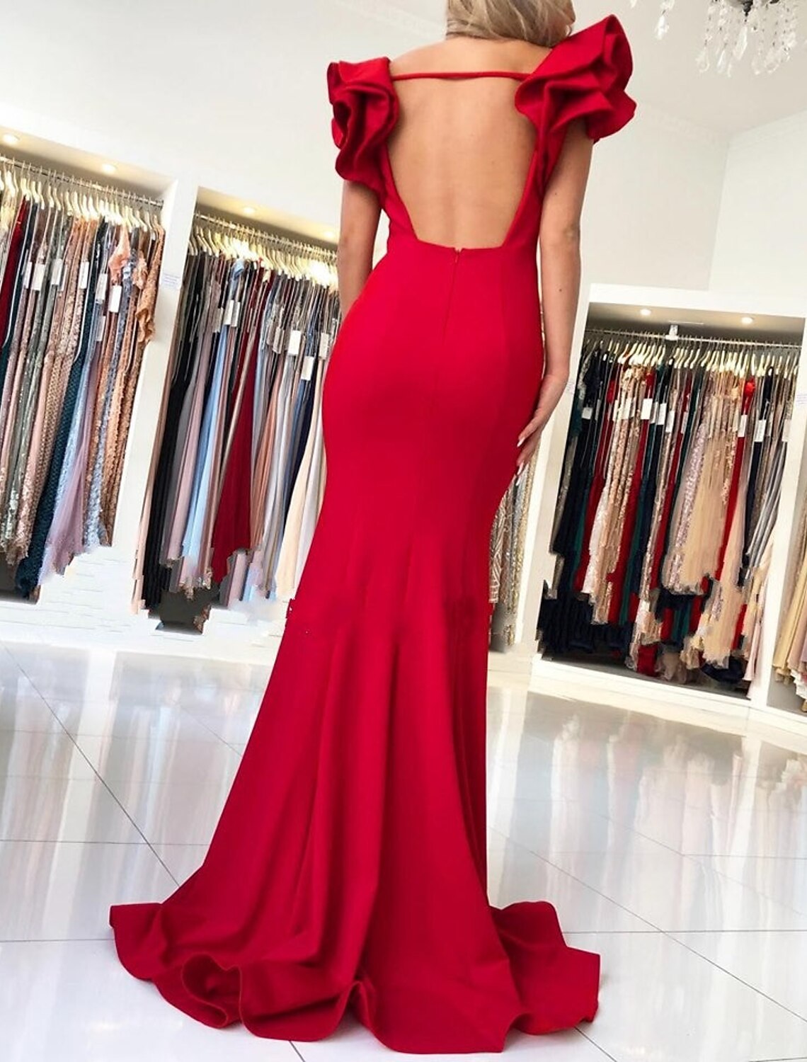 Mermaid Square Neck Sleeveless Backless Ruffled Evening Gown - Chloe Dress