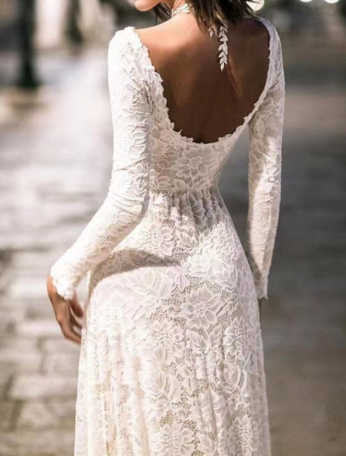 A-Line Lace Long Sleeve Open Back Train Evening Gown - Chloe Dress