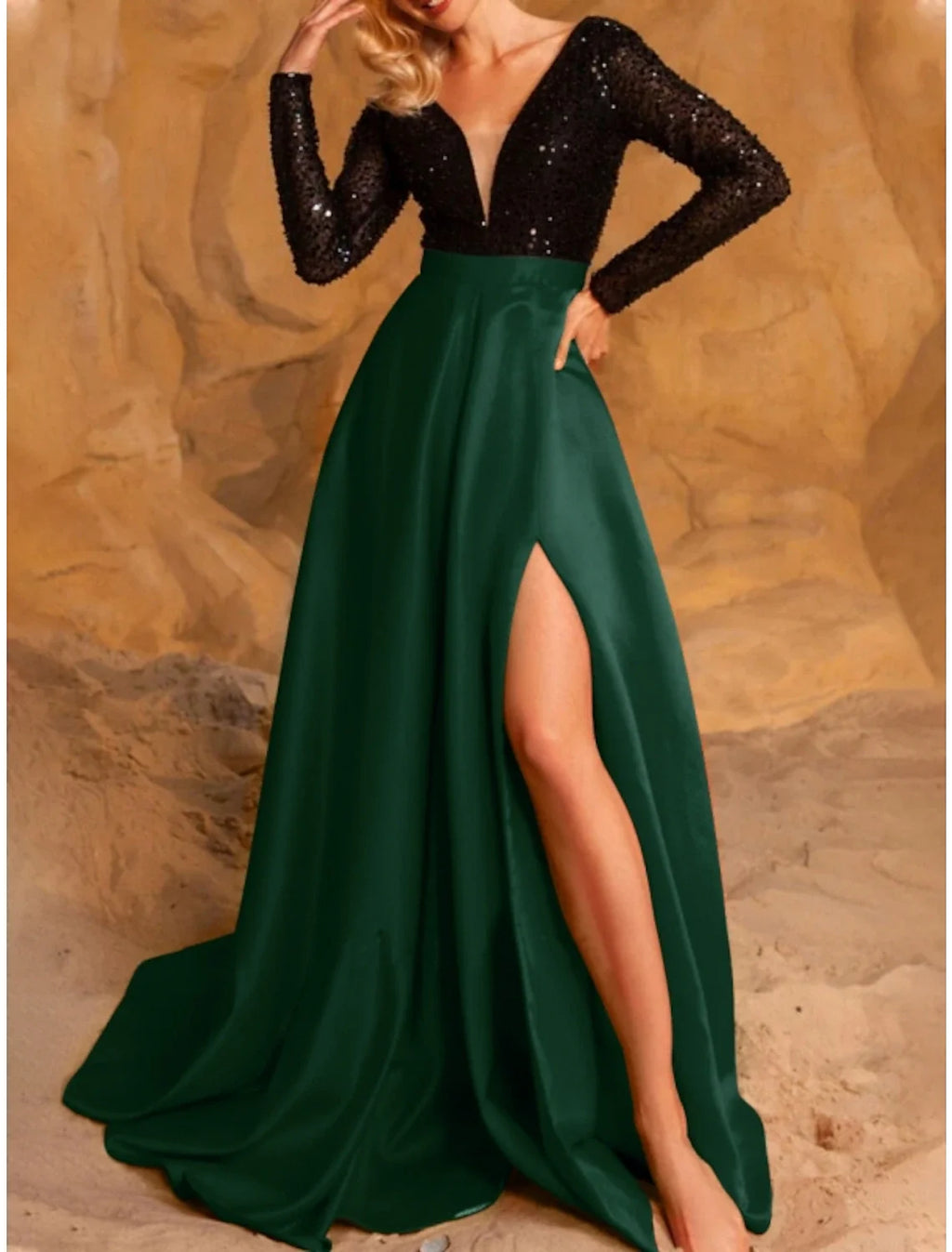 A-Line V-Neck Satin Long Sleeve High Slit Evening Gown - Chloe Dress