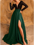 A-Line V-Neck Satin Long Sleeve High Slit Evening Gown - Chloe Dress