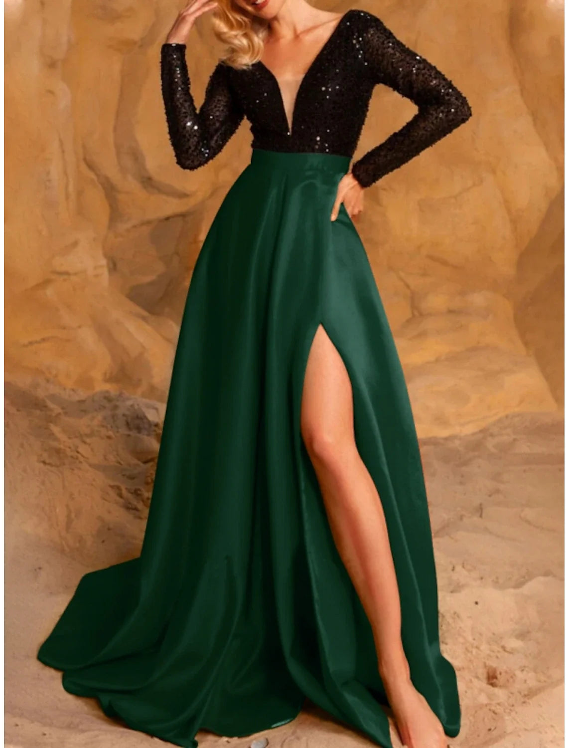 A-Line V-Neck Satin Long Sleeve High Slit Evening Gown - Chloe Dress